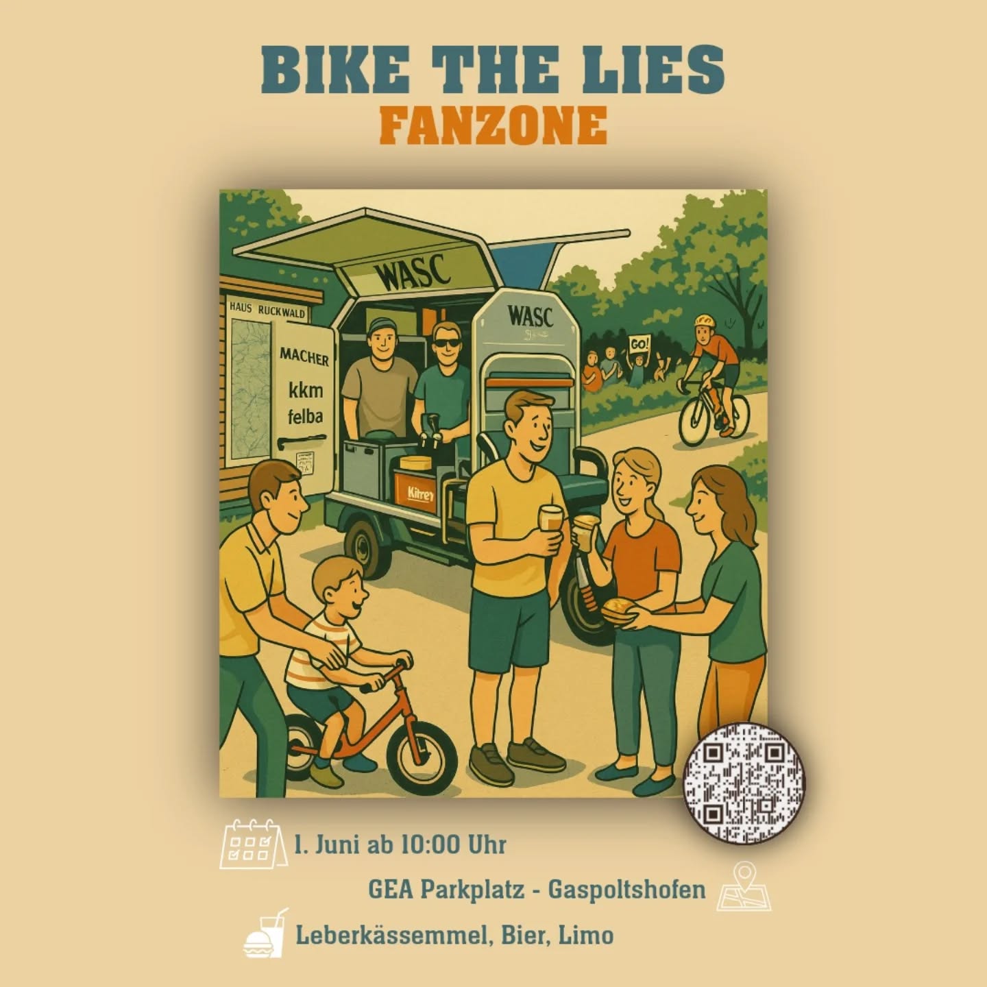 Nicht nur die Rennteilnehmer:innen kommen beim #bikethelies auf ihre Kosten.
In Gaspoltshofen installieren wir eine Fanzone mit dem mittlerweile legendären WASC-Mobil! 🥳📢🍻🥪🥤