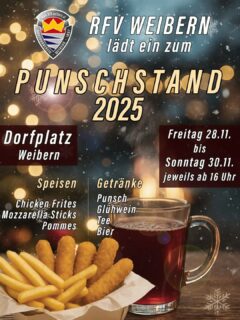 🎄 PUNSCHSTAND 2025 🎄
Der RFV Weibern lädt ein – kommt vorbei und startet mit uns gemütlich in die Adventzeit! ✨

📍 Dorfplatz Weibern
📅 28.–30. November
⏰ ab 16 Uhr

🔥 Punsch, Glühwein, Tee & Bier
🍟 Chicken Frites, Mozzarella Sticks, Pommes

Der Reinerlös unterstützt unsere Rennfahrer:innen 🚴‍♂️❤️
Wir freuen uns auf euch!

#RFVWeibern #Punschstand2025 #Weibern #Adventzeit